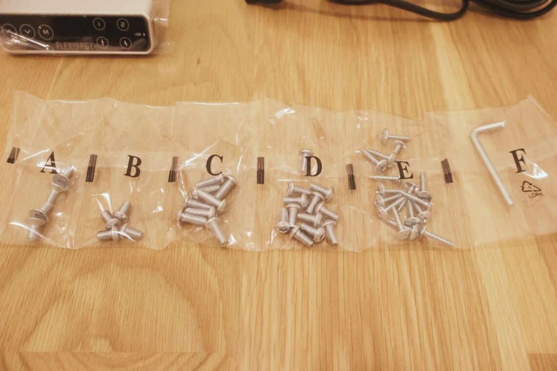 FlexiSpot E8付属品のネジと六角レンチ