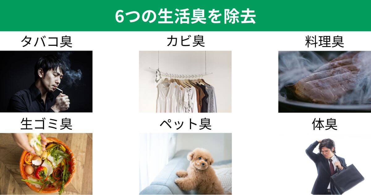 MCK705AとMCK704Aは脱臭フィルター（交換不要）が、生ゴミ臭など気になる6種類の生活臭をしっかり除去