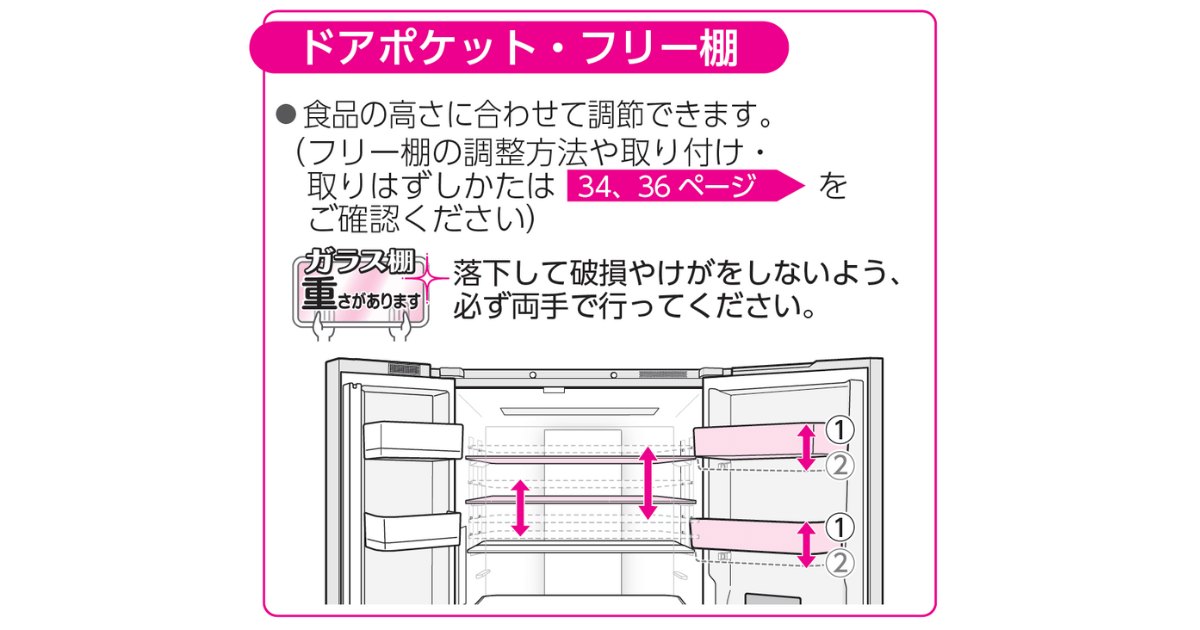 GR-Y540XFS（最新）の冷蔵室は、上段3つの棚を食品の高さに合わせて7段階の高さで調節可能