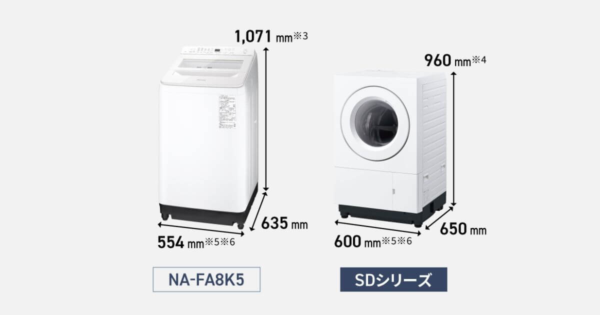 NA-SD10UBLとNA-SD10UALは、縦型8kg（NA-FA8K5）より10 cm以上も低いコンパクトサイズ
