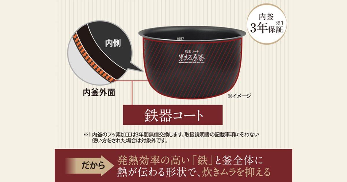 NW-BB10とNW-BA10は発熱効率を高めた「鉄器コート黒まる厚釜」で炊きムラを抑える